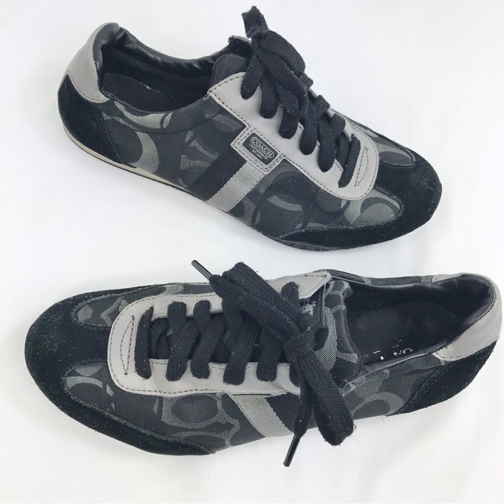 Coach KINSLEY  Black Gray Optic Signature Fabric Suede Lace Up Sneakers